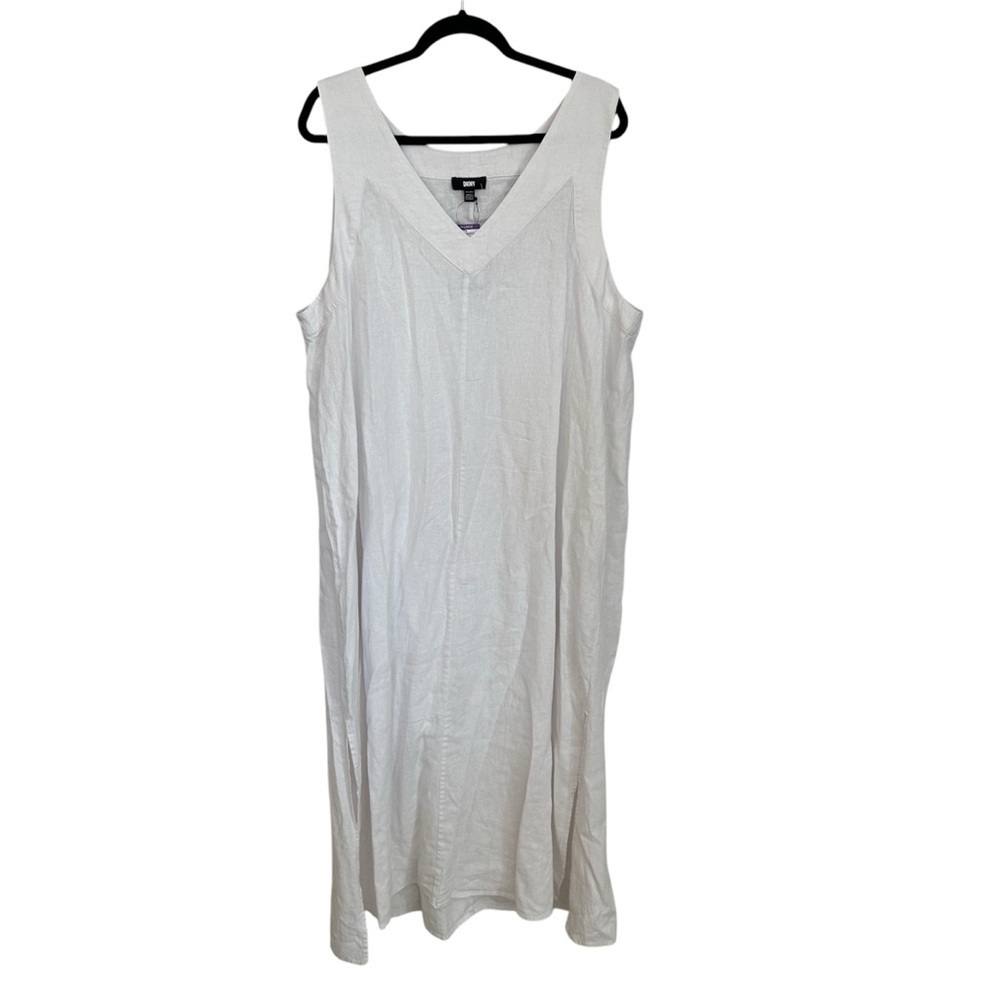 Dkny Women’s V-Neck Wide Strap White Sleeveless Linen Maxi Dress Sz Xxl Nwt